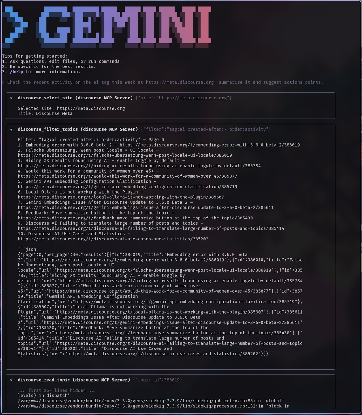 Screenshot of Discourse MCP on Gemini CLI - part 1
