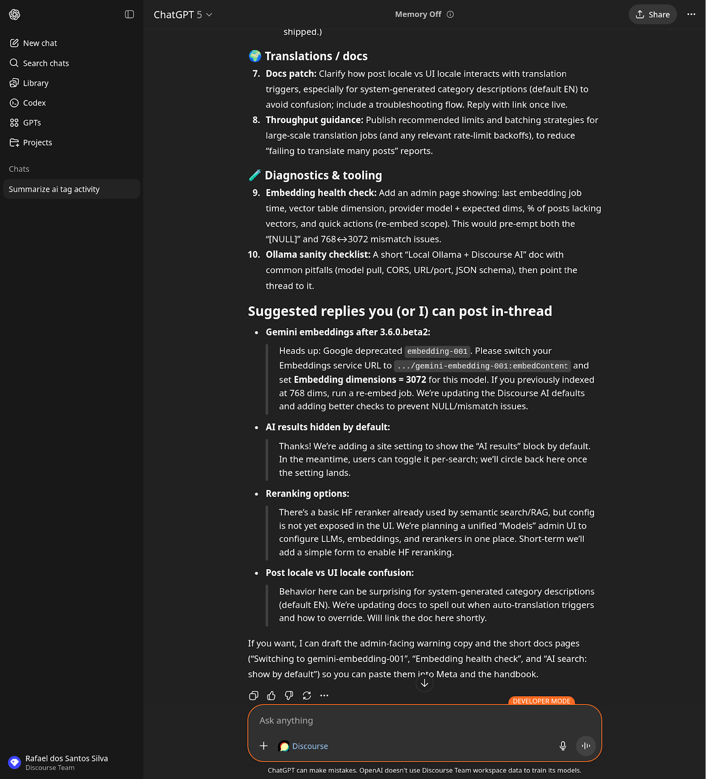 Screenshot of Discourse MCP on ChatGPT - part 2