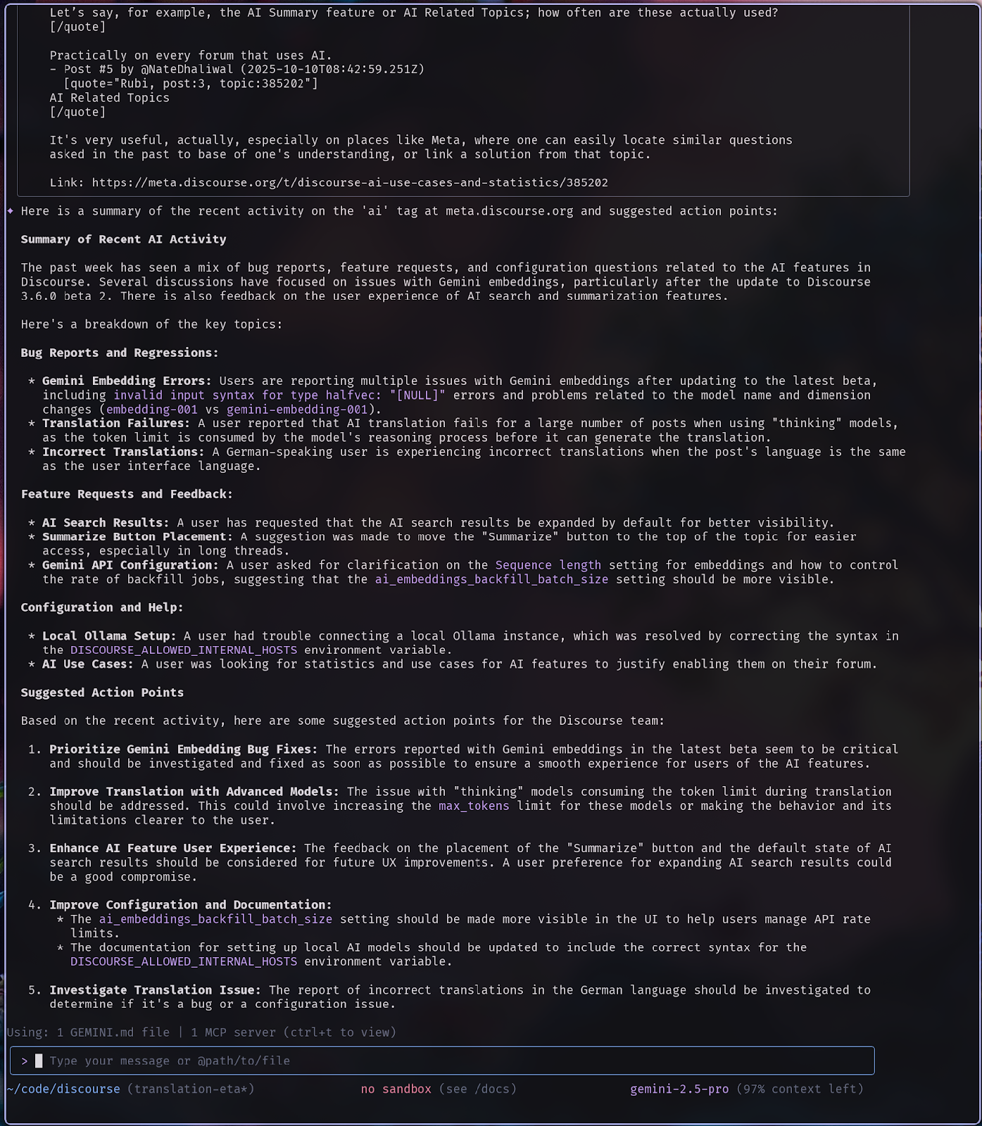 Screenshot of Discourse MCP on Gemini CLI - part 2