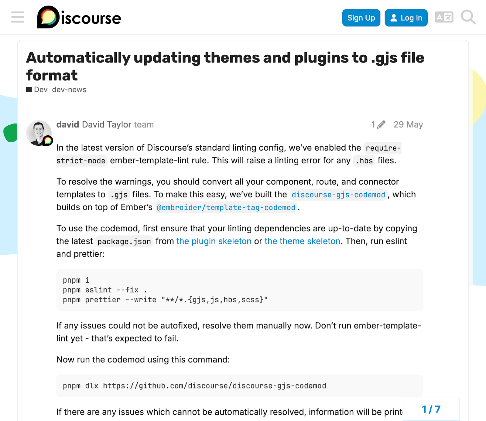 Screenshot of an announcement and documentation for the discourse-gjs-codemod