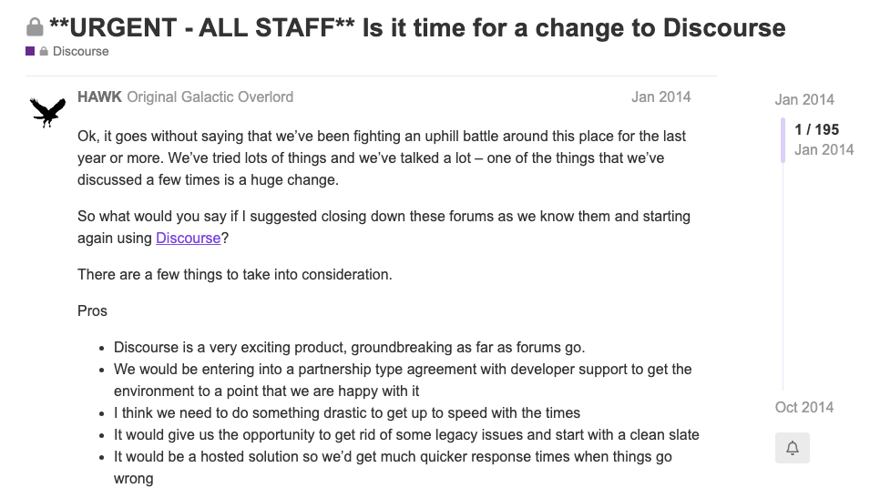 SitePoint’s 2014 topic on moving to Discourse.