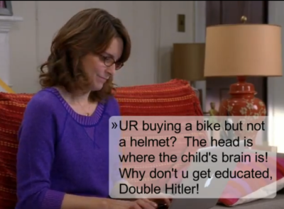 [You are] buying a bike but not a helmet? The head is where the child's brain is! Why don't you get educated, Double Hitler!
