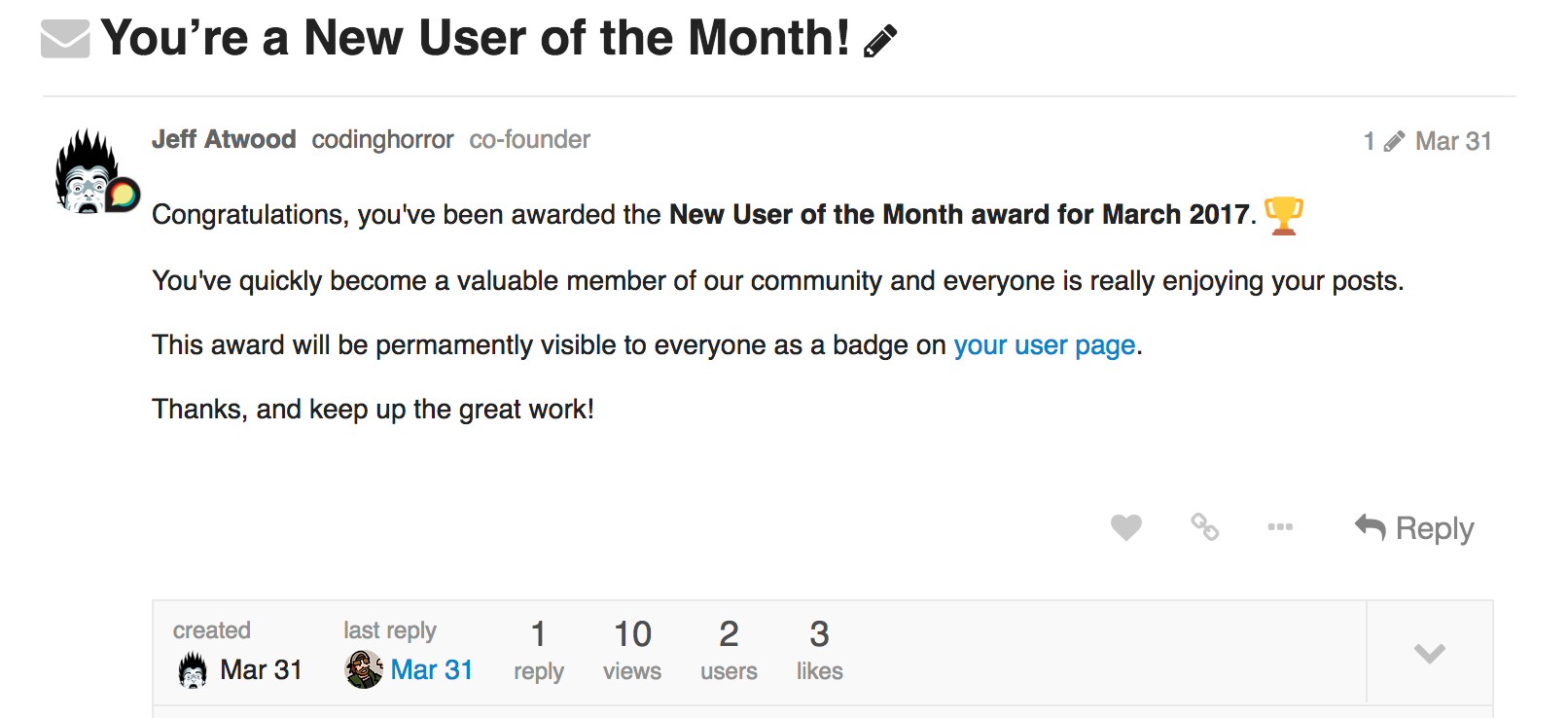 Discourse new user of the month