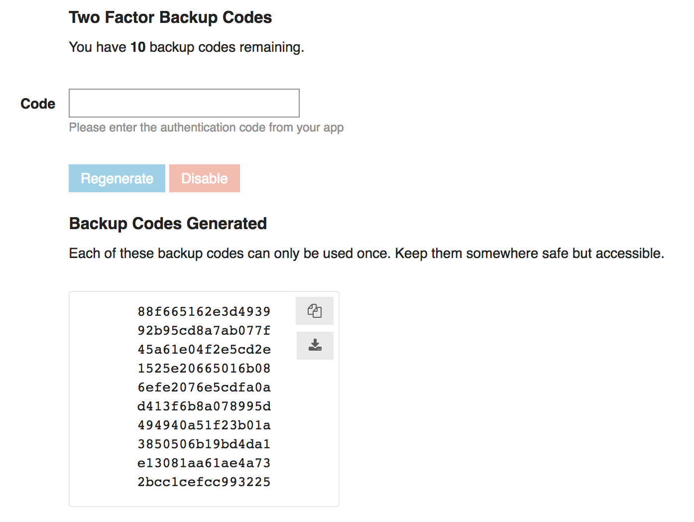 Discourse Two Factor Auth Backup Codes