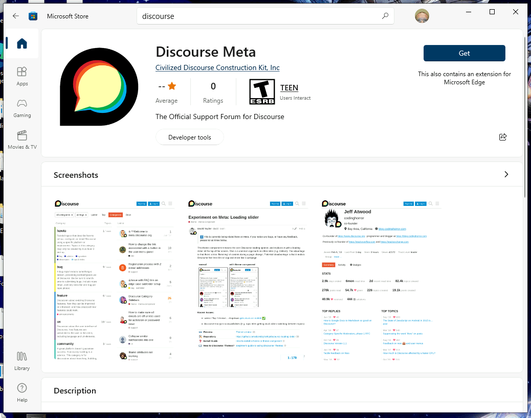 Discourse Meta on Windows Store screenshot