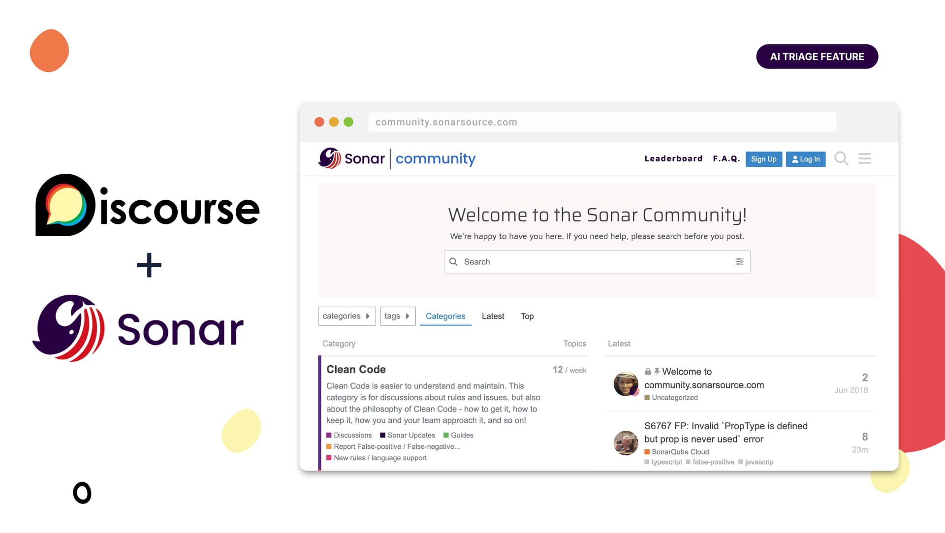 Discourse and Sonar logos with a screenshot of Sonar community