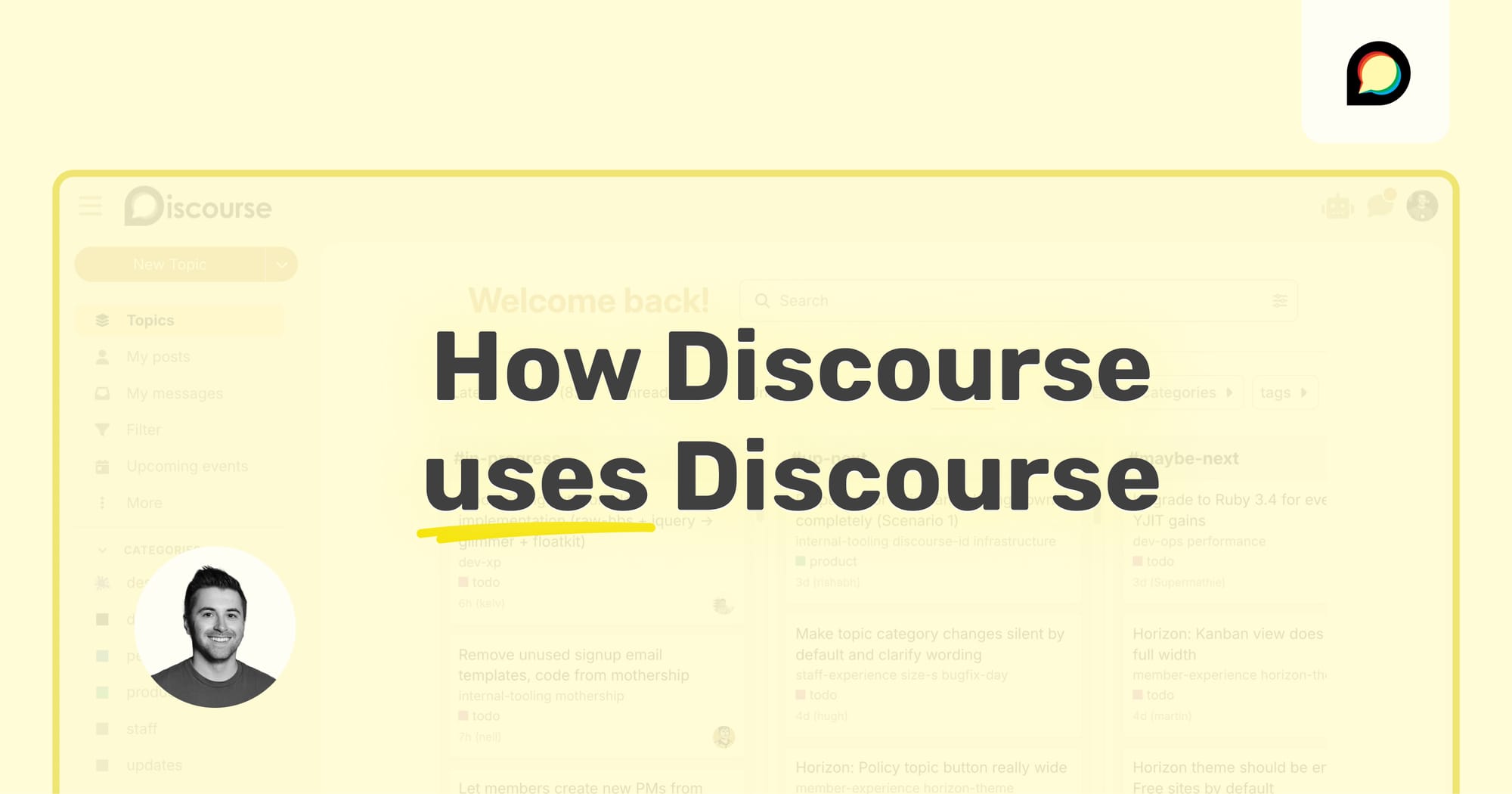 How Discourse uses Discourse with a photo of Blake Erikson, Software Engineer at Discourse